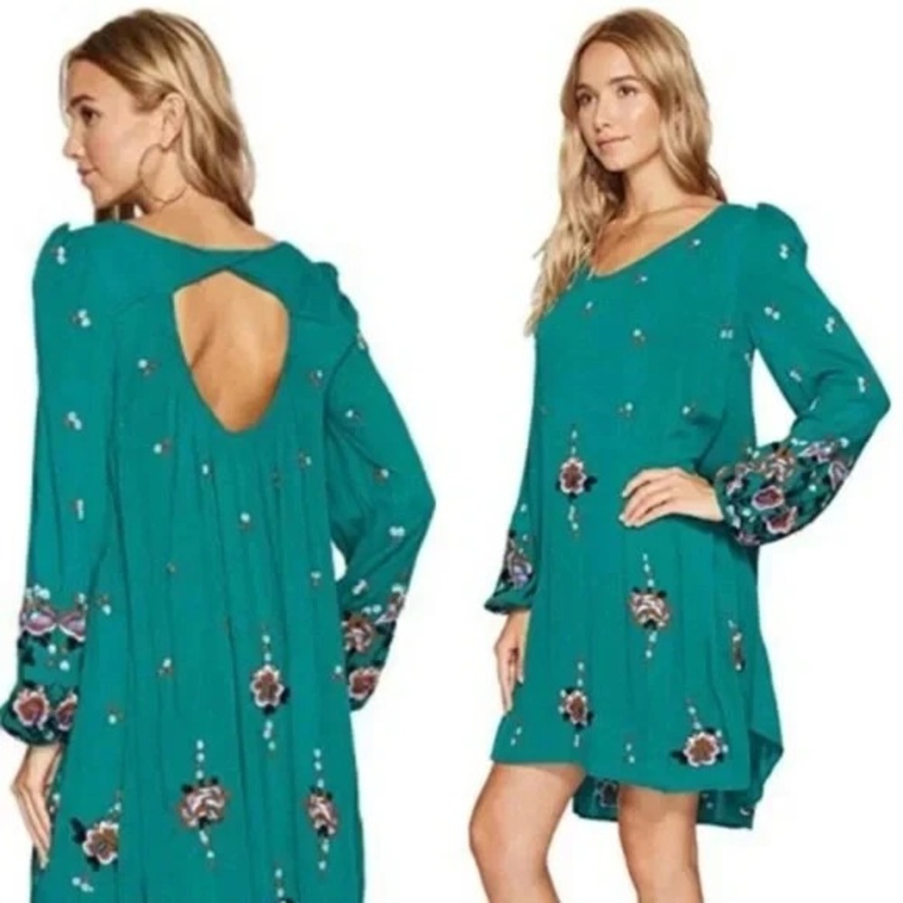 Free People Oxford Mini Dress Womens L Green Embroidered Open Back Boho